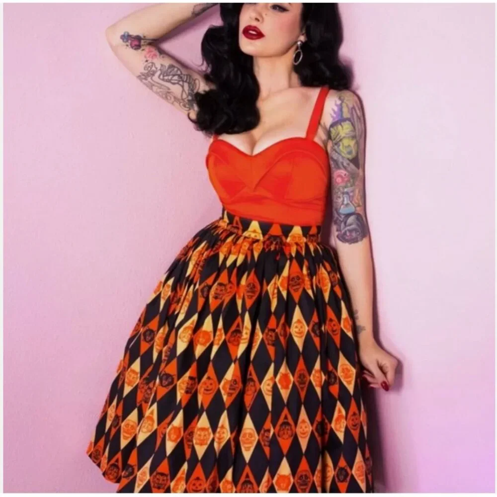 VIXEN BEN COOPER Trick R Treat Swing Skirt Halloween Pleated Retro Whimsigoth - Picture 1 of 16